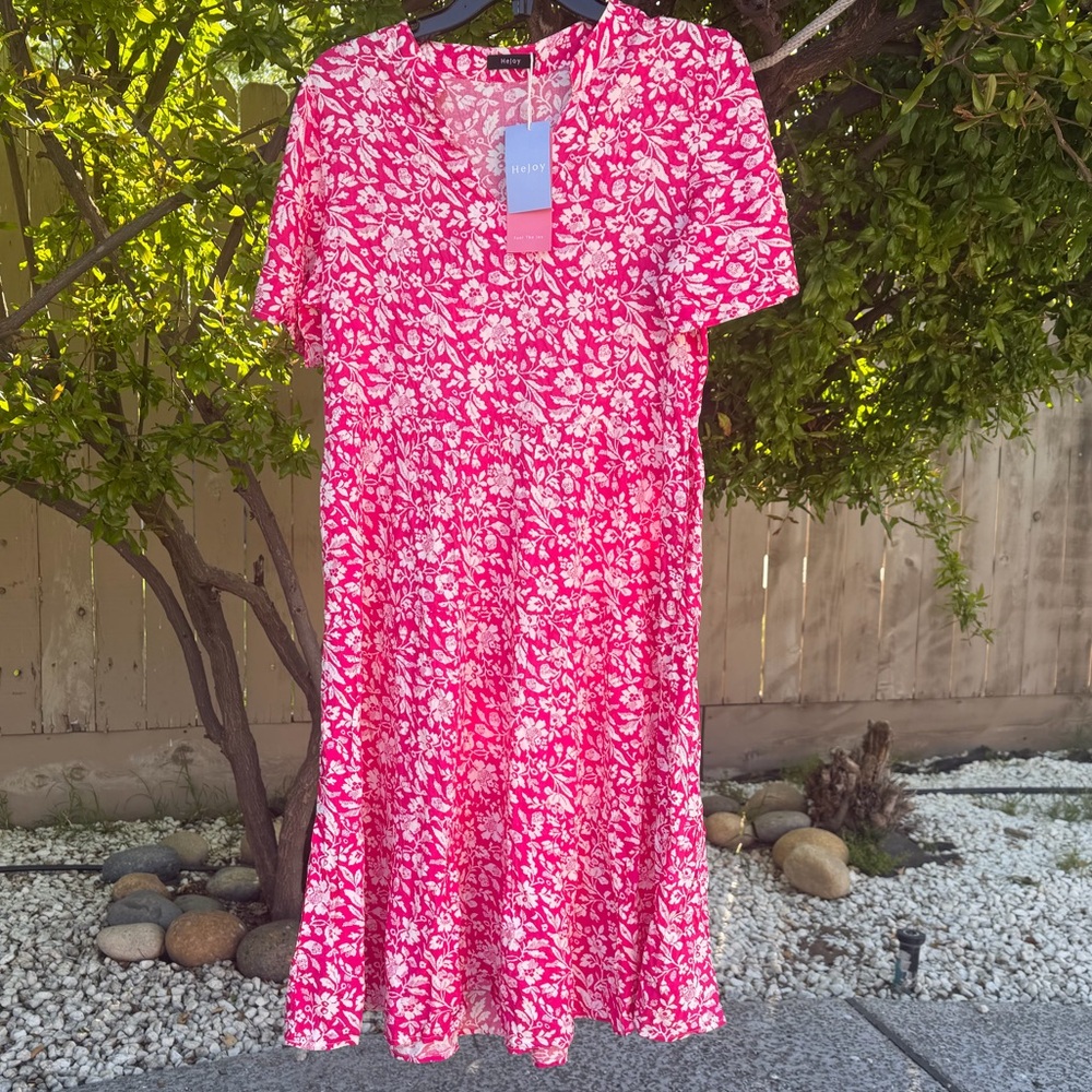 NWT Hejoy Pink Floral Midi Dress side pocket flowy 100% viscose one size